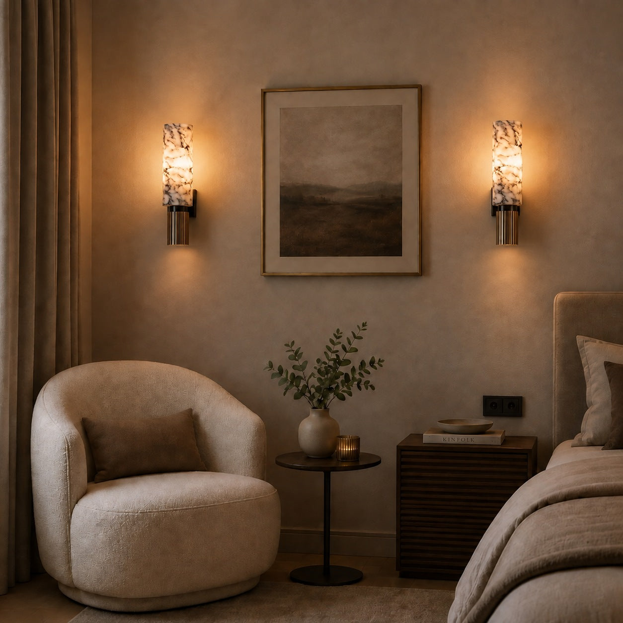 Contemporary Wall Light Wall Mounted Alabaster Cylinder Fluted Copper Base LED Sconce 38cm