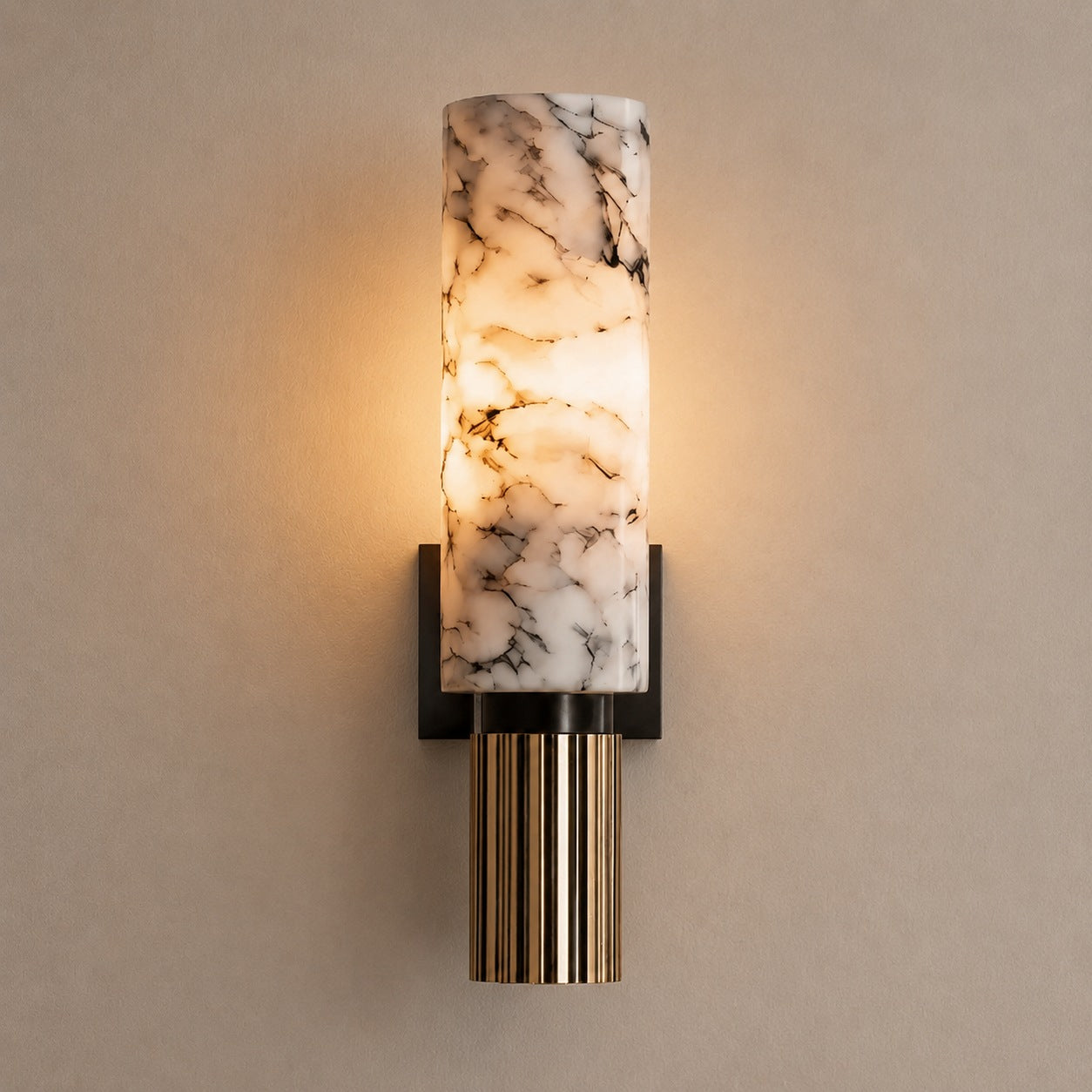 Contemporary Wall Light Wall Mounted Alabaster Cylinder Fluted Copper Base LED Sconce 38cm
