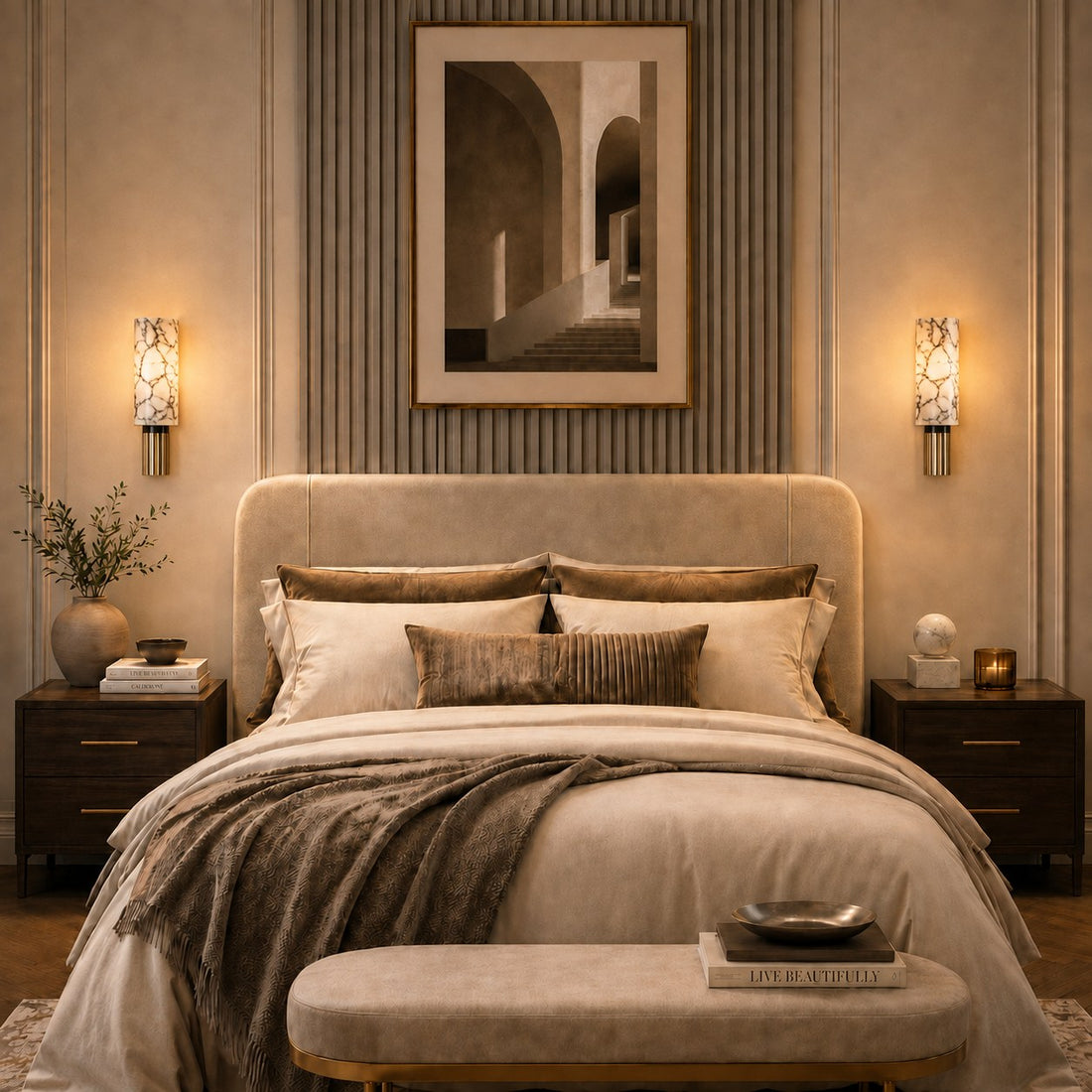 Contemporary Wall Light Wall Mounted Alabaster Cylinder Fluted Copper Base LED Sconce 38cm