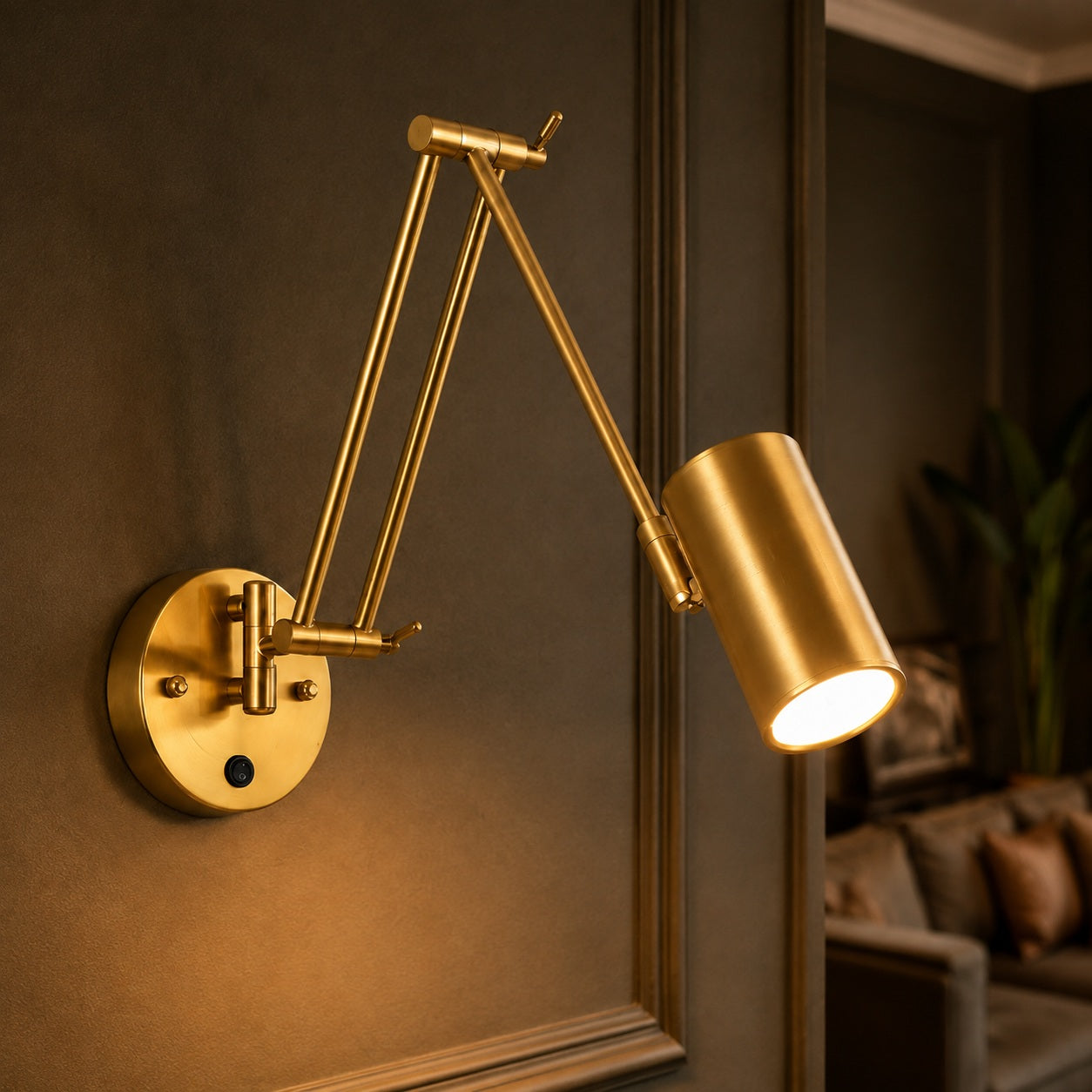 Industrial Wall Light Adjustable Swing Arm Metal Fixture LED Matte Black Gold Accents