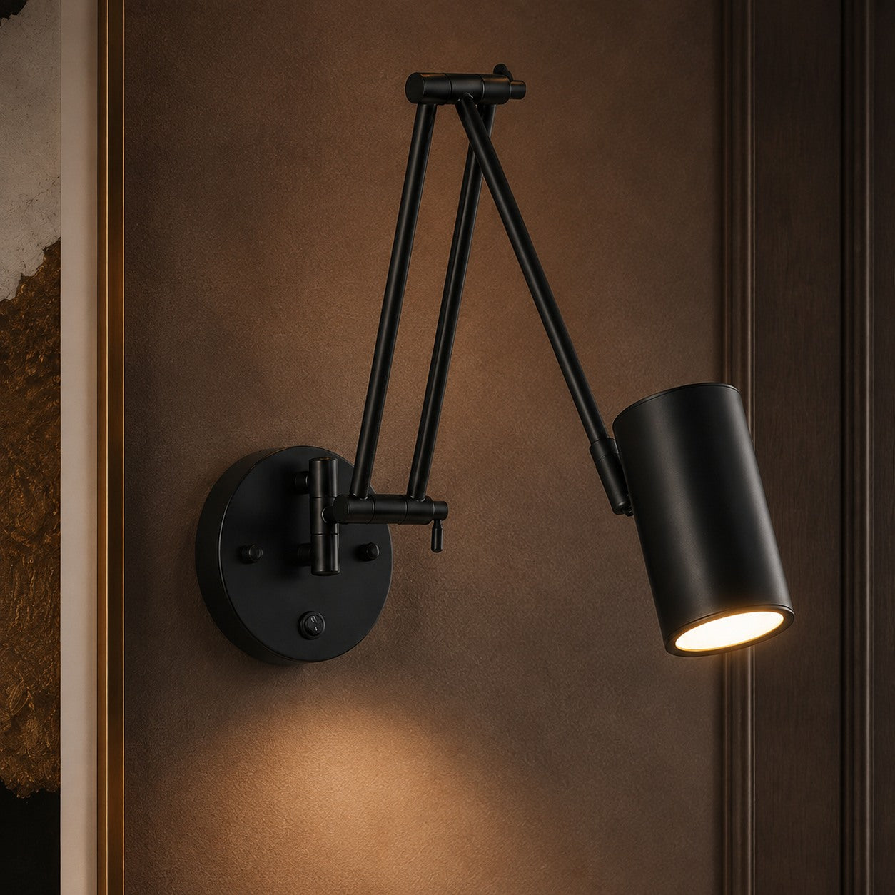 Industrial Wall Light Adjustable Swing Arm Metal Fixture LED Matte Black Gold Accents
