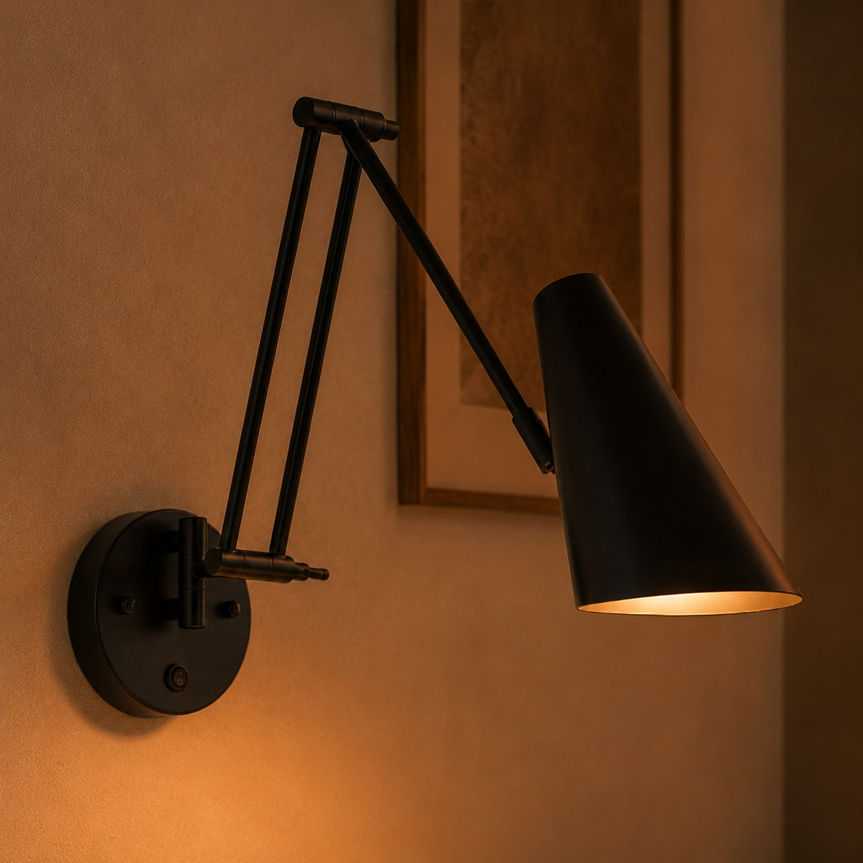 Industrial Wall Light Adjustable Swing Arm Metal Fixture LED Matte Black Gold Accents