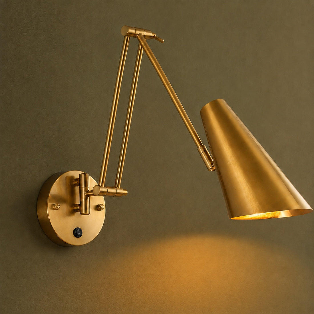 Industrial Wall Light Adjustable Swing Arm Metal Fixture LED Matte Black Gold Accents