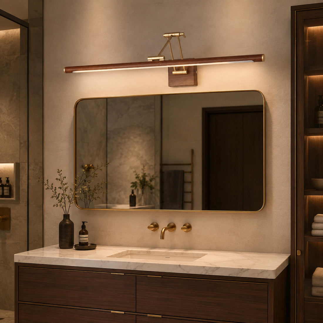 Modern Walnut Wall Light Adjustable LED Sconce Fixture with Brass and Acrylic Components