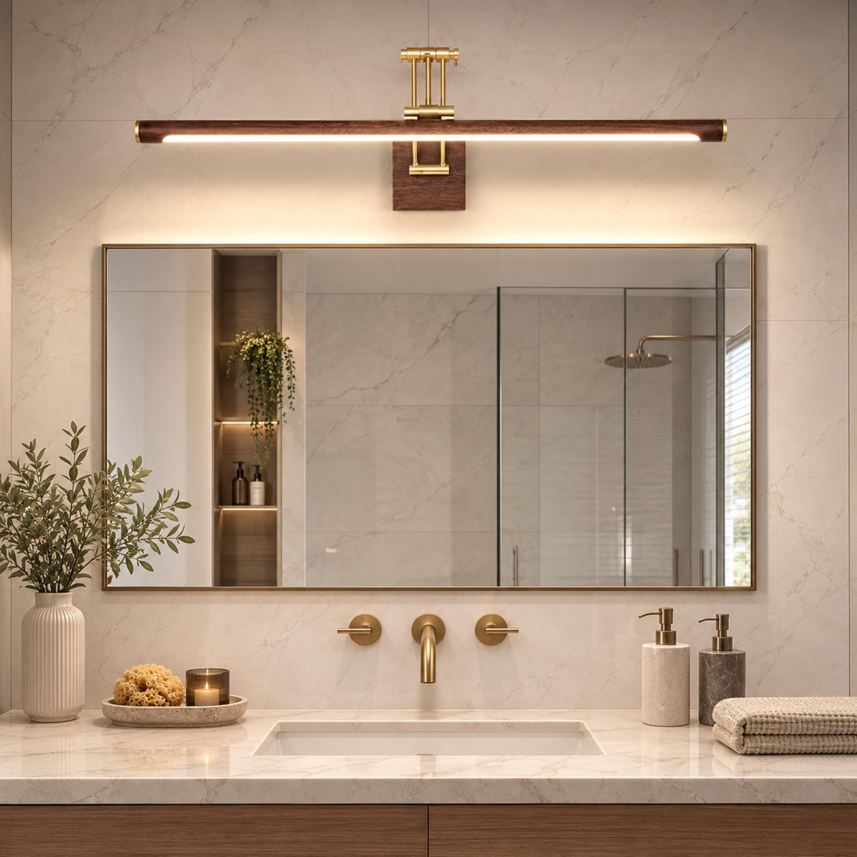 Modern Walnut Wall Light Adjustable LED Sconce Fixture with Brass and Acrylic Components