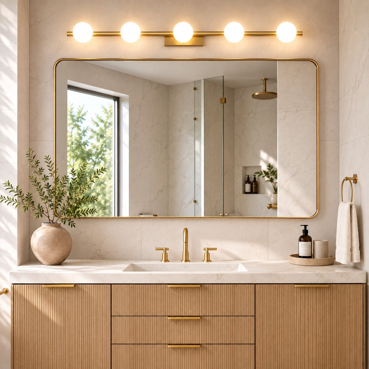 Modern LED Bathroom Vanity Light Bar Wall Mounted Copper Glass Shade Adjustable Color Temperature
