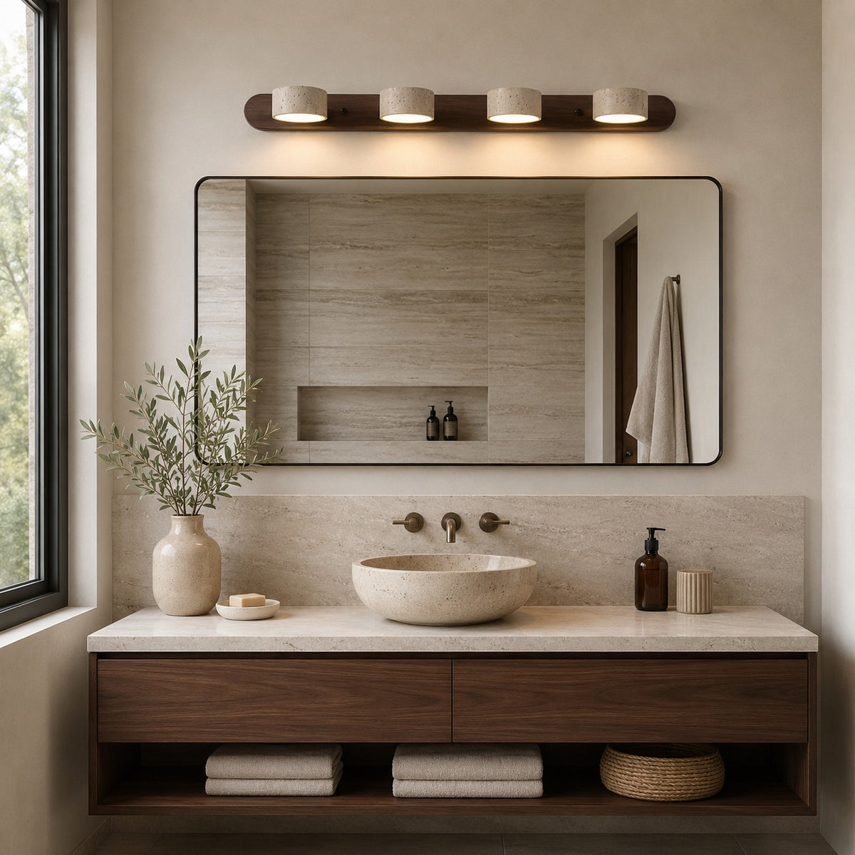 Rustic Wall Light Bathroom Sconce Hardwired Wood and Stone LED Energy Efficient Fixture