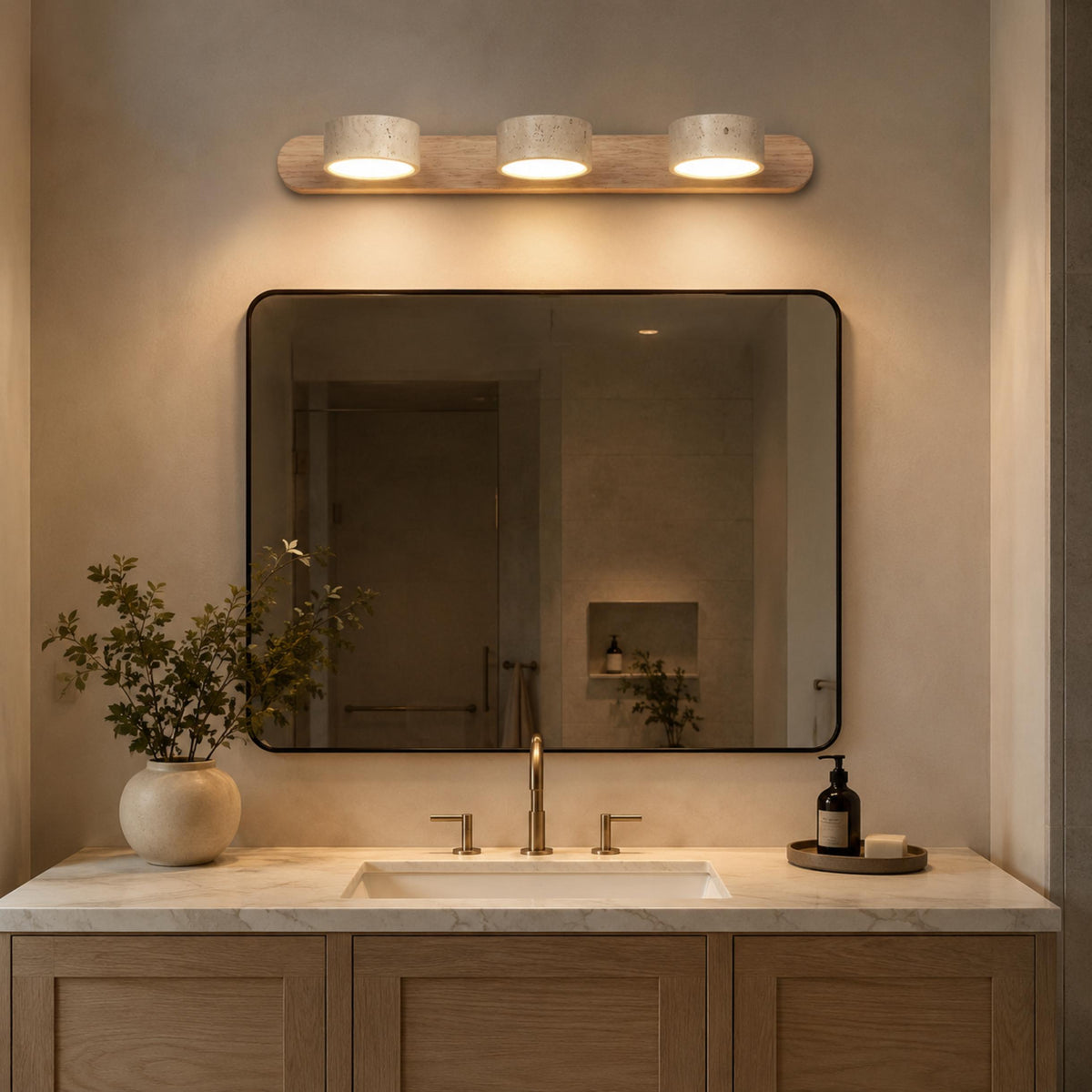 Rustic Wall Light Bathroom Sconce Hardwired Wood and Stone LED Energy Efficient Fixture
