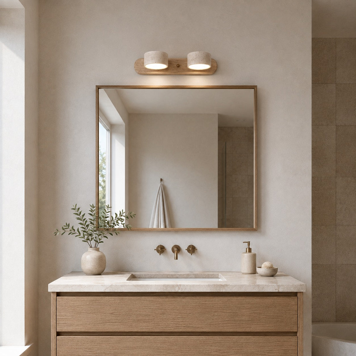Rustic Wall Light Bathroom Sconce Hardwired Wood and Stone LED Energy Efficient Fixture