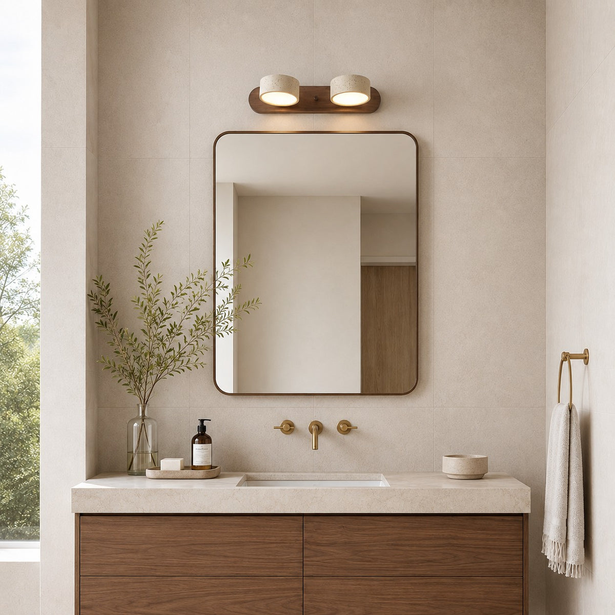 Rustic Wall Light Bathroom Sconce Hardwired Wood and Stone LED Energy Efficient Fixture