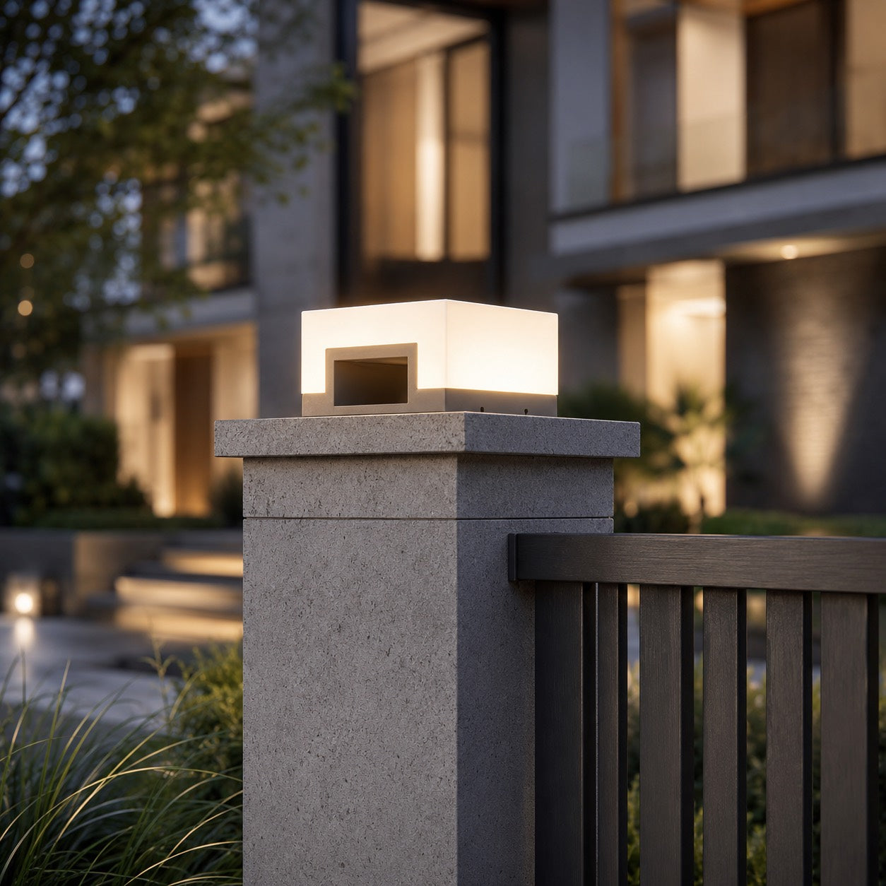 Modern Square Outdoor Pillar Light Stainless Steel LED Waterproof Solar Lights Garden