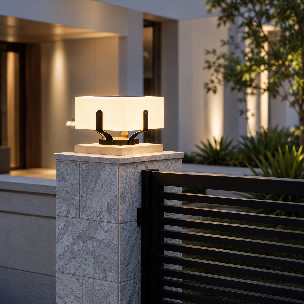 Solar Outdoor Light Modern Square Pillar Waterproof LED with Stainless Steel Frame and PE Shade