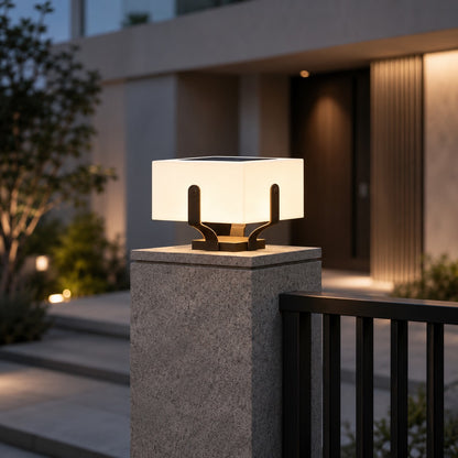Solar Outdoor Light Modern Square Pillar Waterproof LED with Stainless Steel Frame and PE Shade