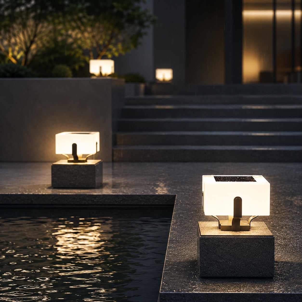 Solar Outdoor Light Modern Square Pillar Waterproof LED with Stainless Steel Frame and PE Shade