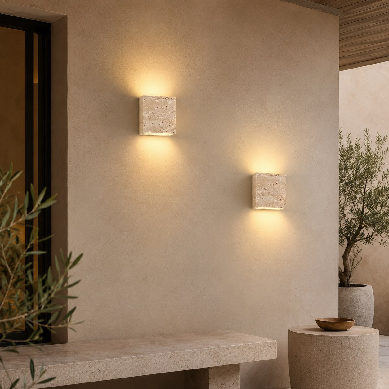 Modern Outdoor Wall Light Up Down LED Yellow Travertine Weather Resistant Fixture