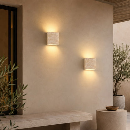 Modern Outdoor Wall Light Up Down LED Yellow Travertine Weather Resistant Fixture