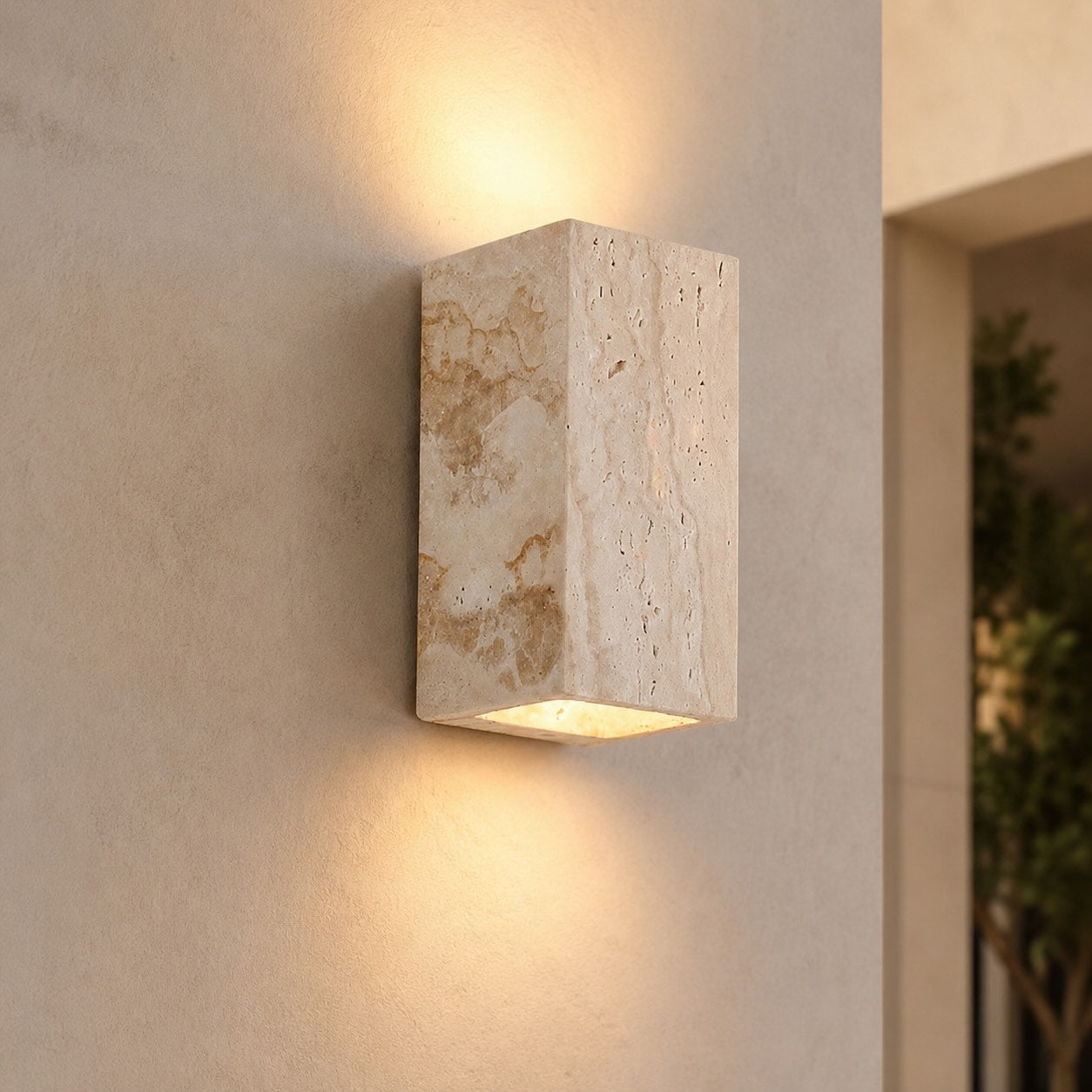 Modern Outdoor Wall Light Up Down LED Yellow Travertine Weather Resistant Fixture