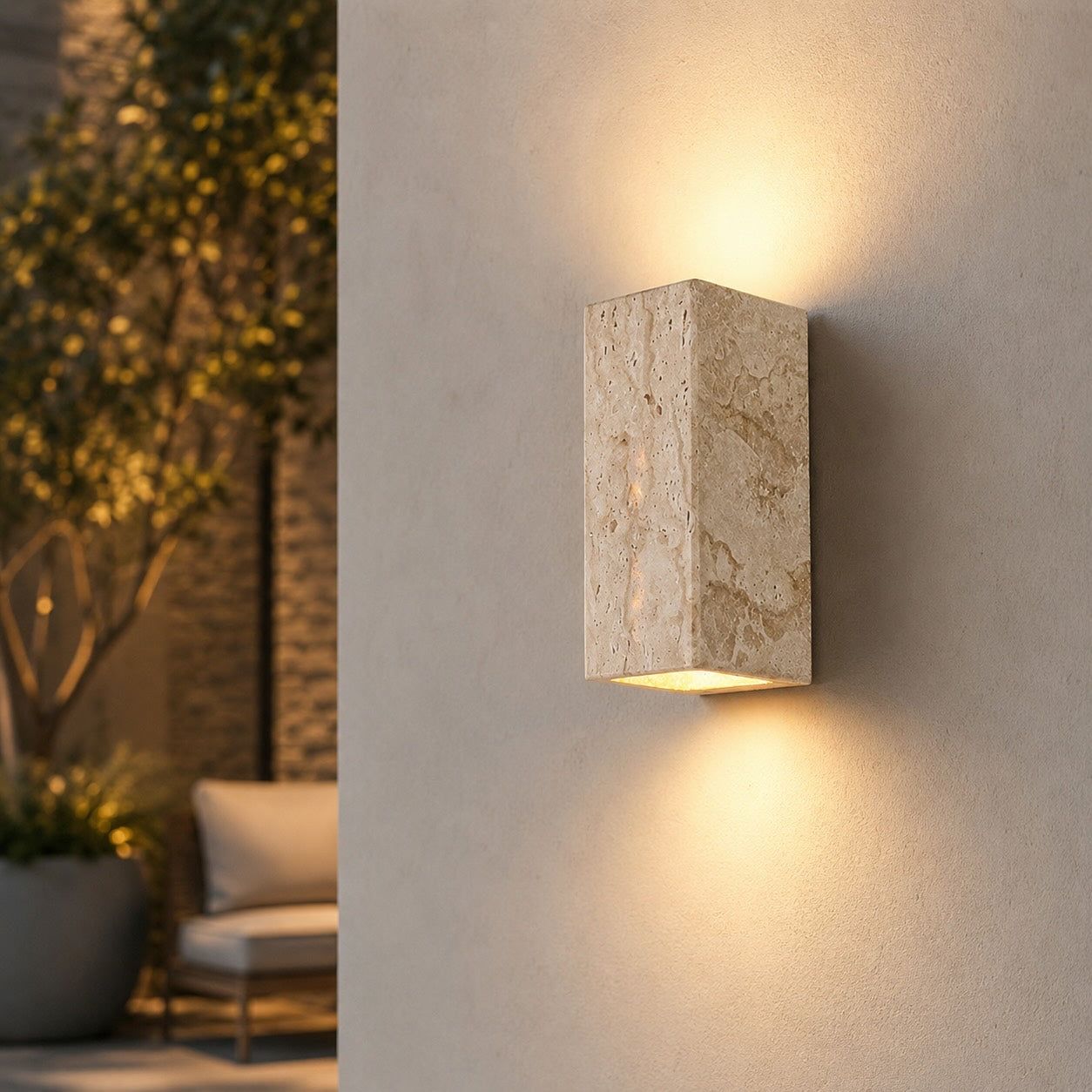 Modern Outdoor Wall Light Up Down LED Yellow Travertine Weather Resistant Fixture