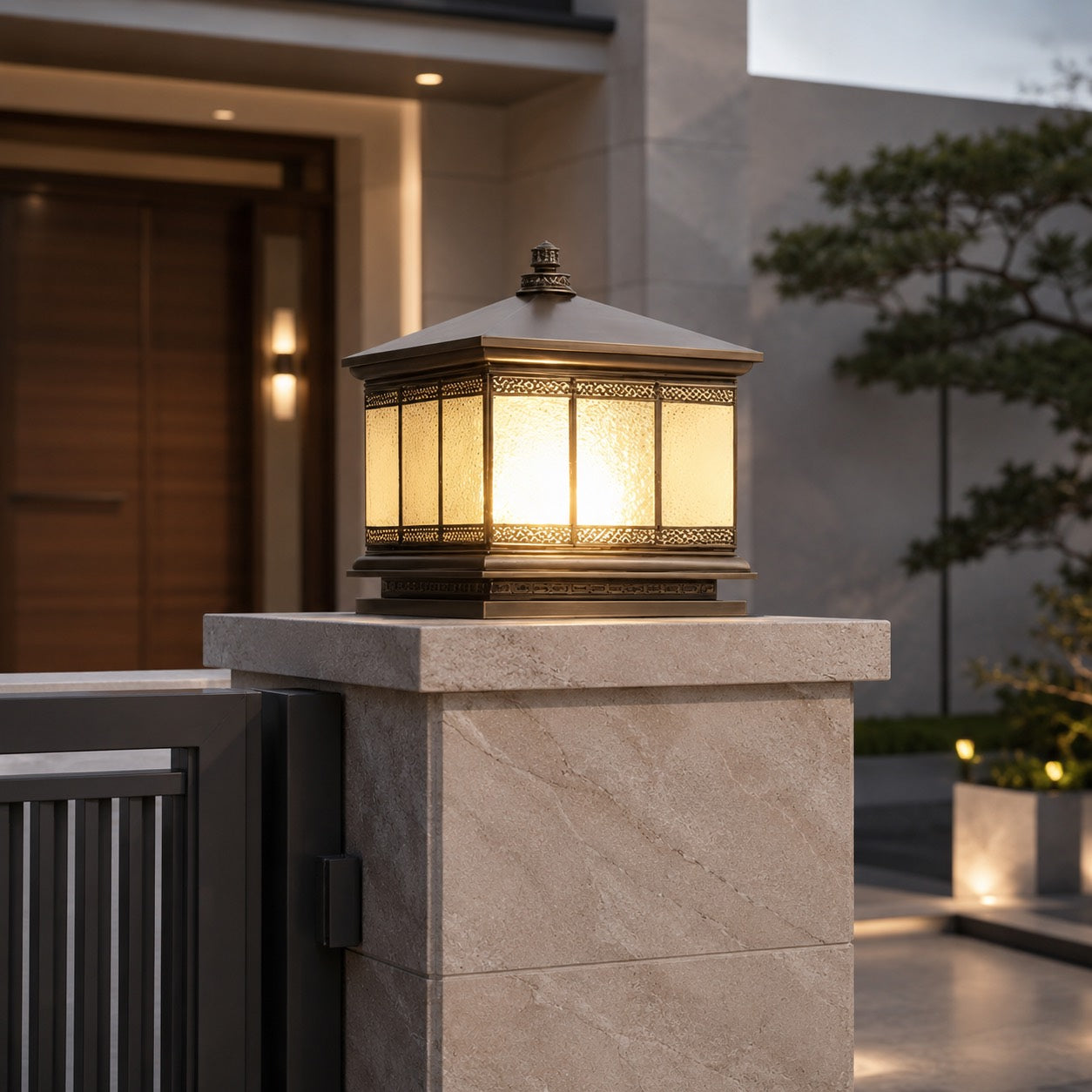 Solar Outdoor Pillar Light with Glass Shade Copper Construction IP65 Waterproof Dual Power Options