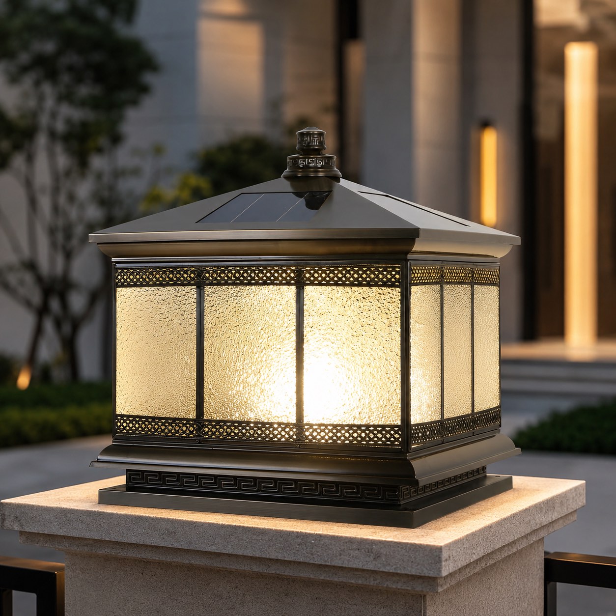 Solar Outdoor Pillar Light with Glass Shade Copper Construction IP65 Waterproof Dual Power Options