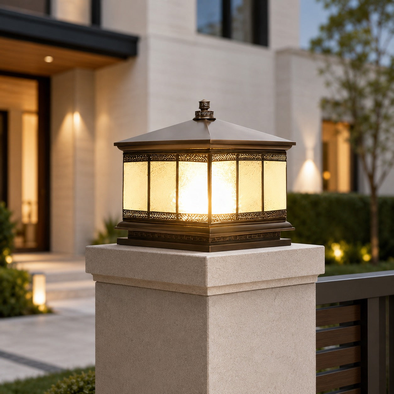 Solar Outdoor Pillar Light with Glass Shade Copper Construction IP65 Waterproof Dual Power Options