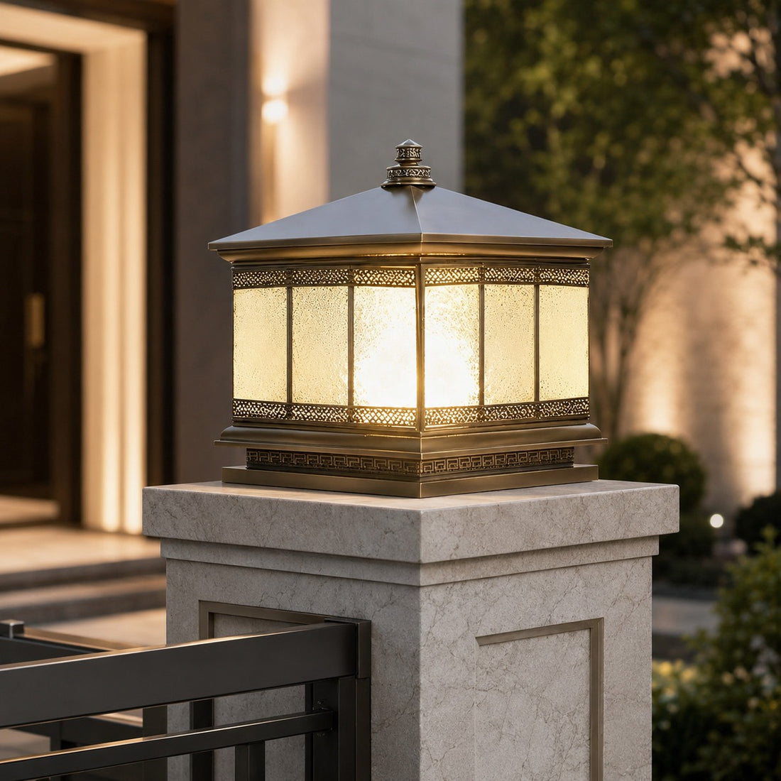 Solar Outdoor Pillar Light with Glass Shade Copper Construction IP65 Waterproof Dual Power Options