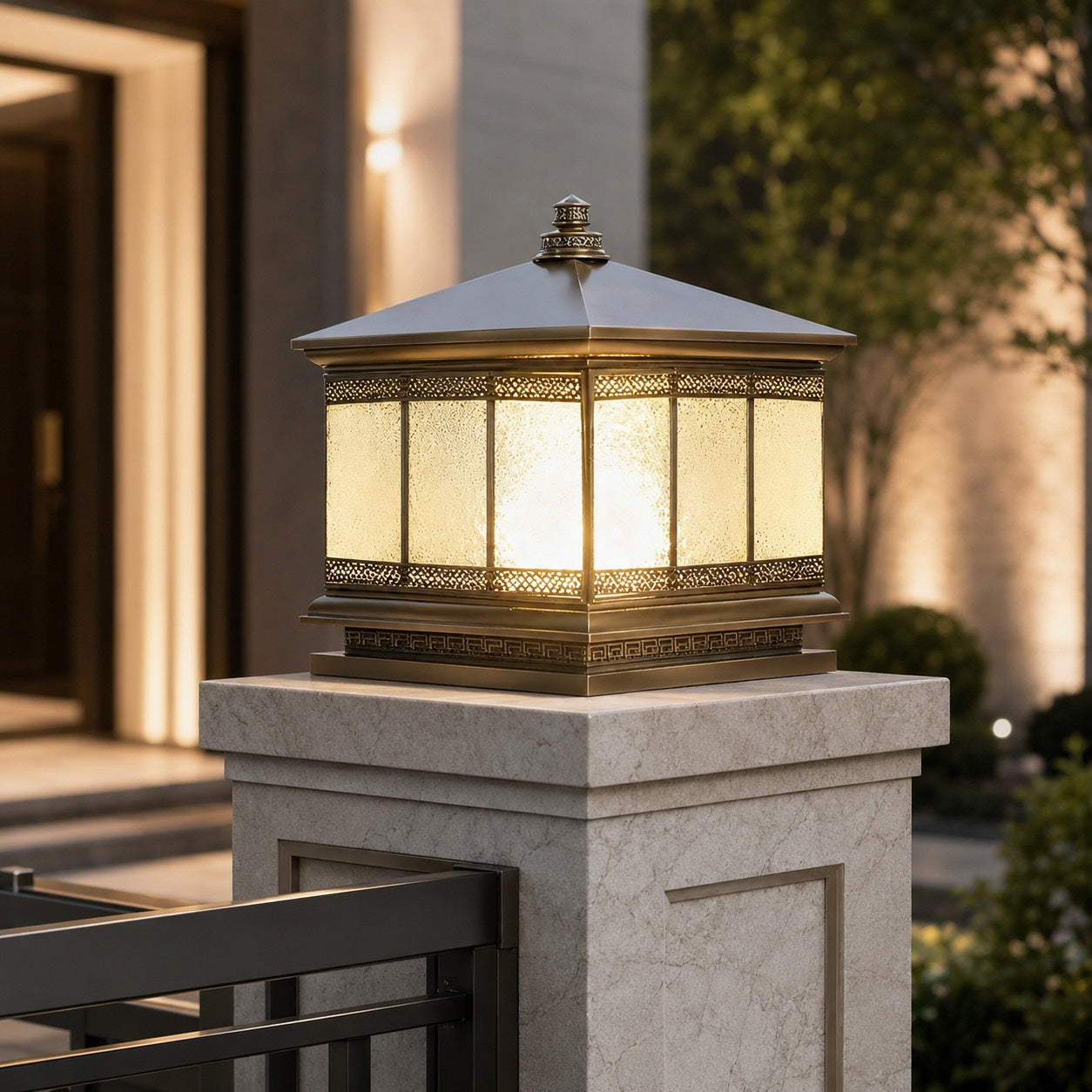 Solar Outdoor Pillar Light with Glass Shade Copper Construction IP65 Waterproof Dual Power Options