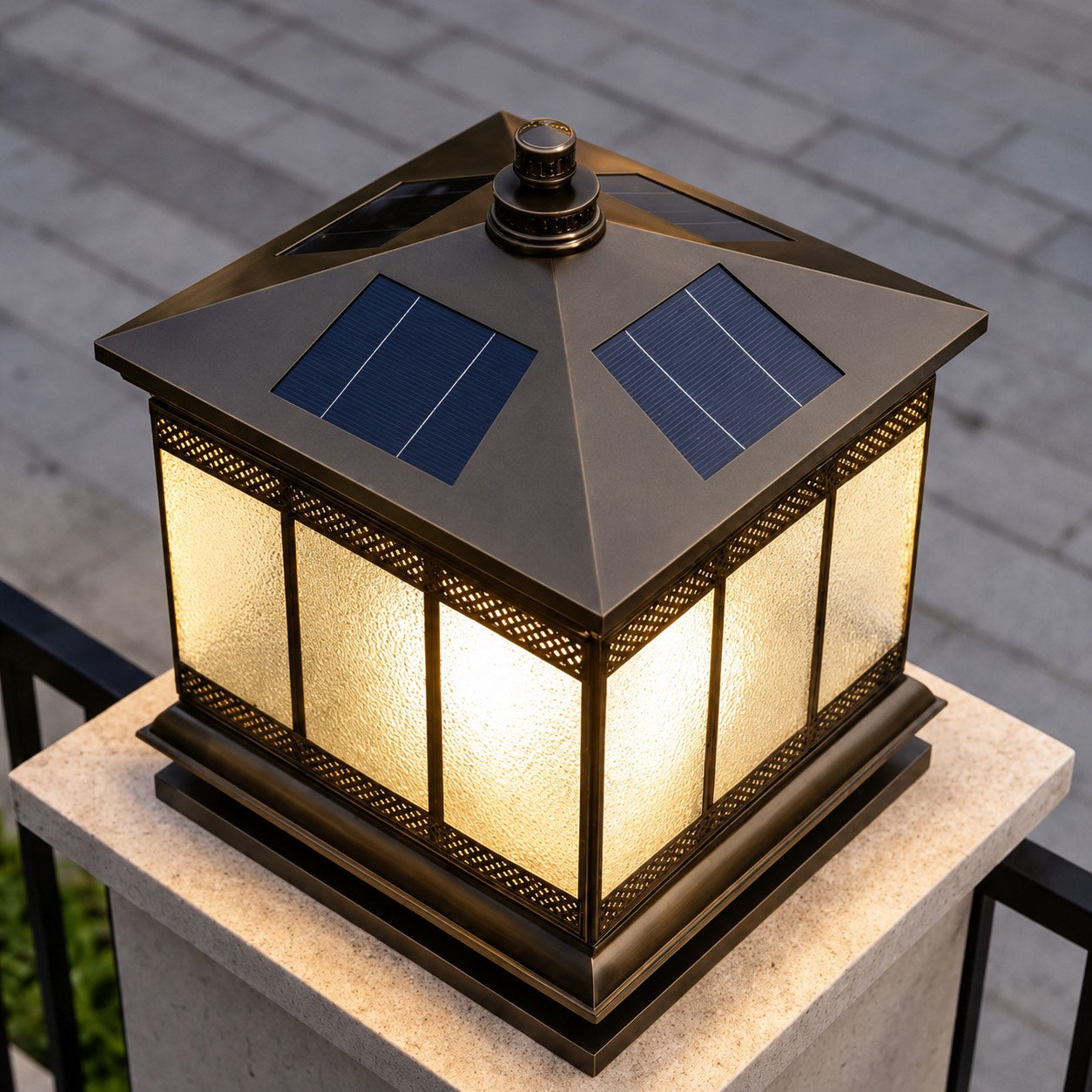 Solar Outdoor Pillar Light with Glass Shade Copper Construction IP65 Waterproof Dual Power Options