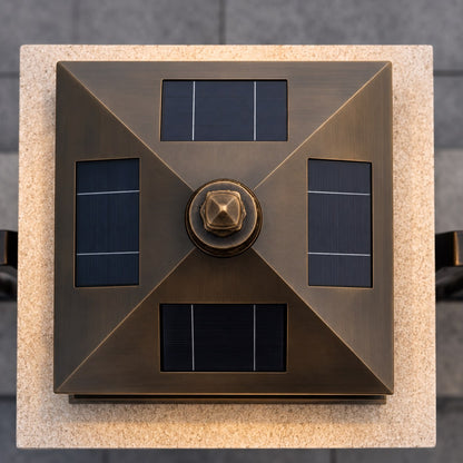 Solar Outdoor Pillar Light with Glass Shade Copper Construction IP65 Waterproof Dual Power Options