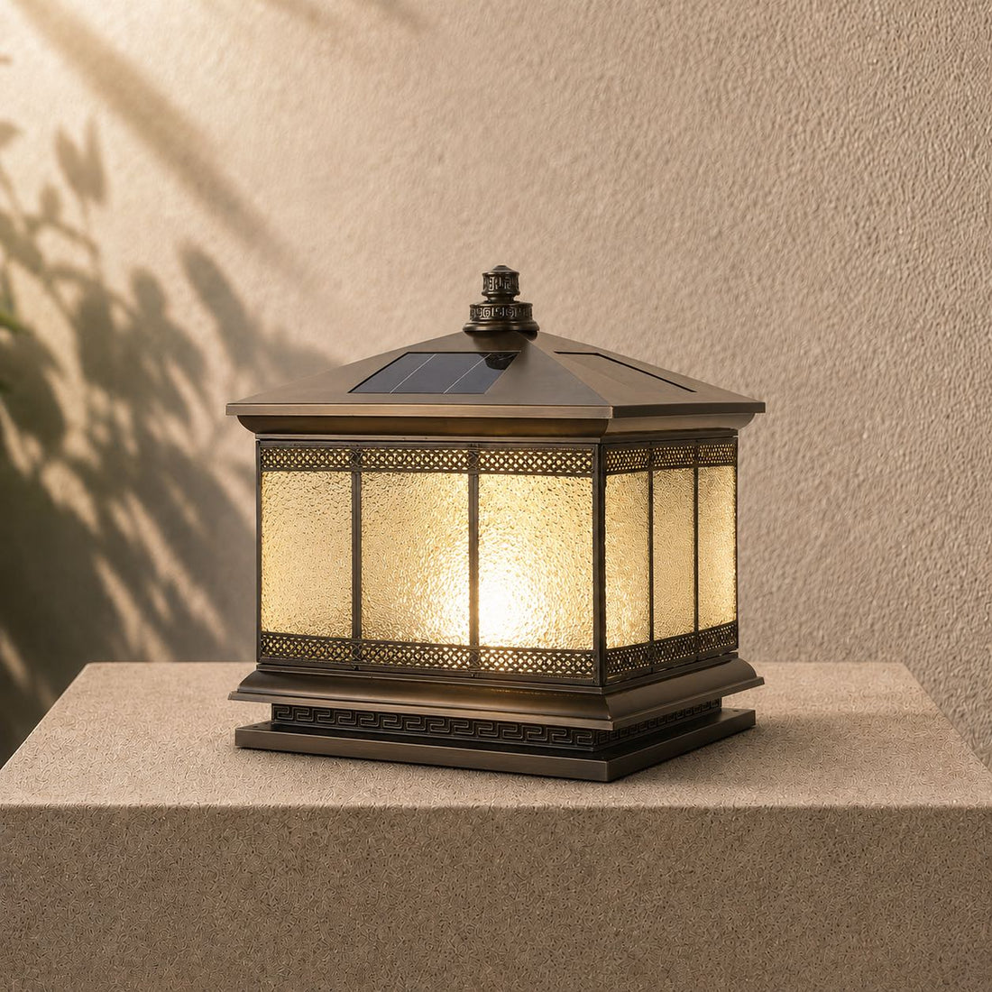 Solar Outdoor Pillar Light with Glass Shade Copper Construction IP65 Waterproof Dual Power Options