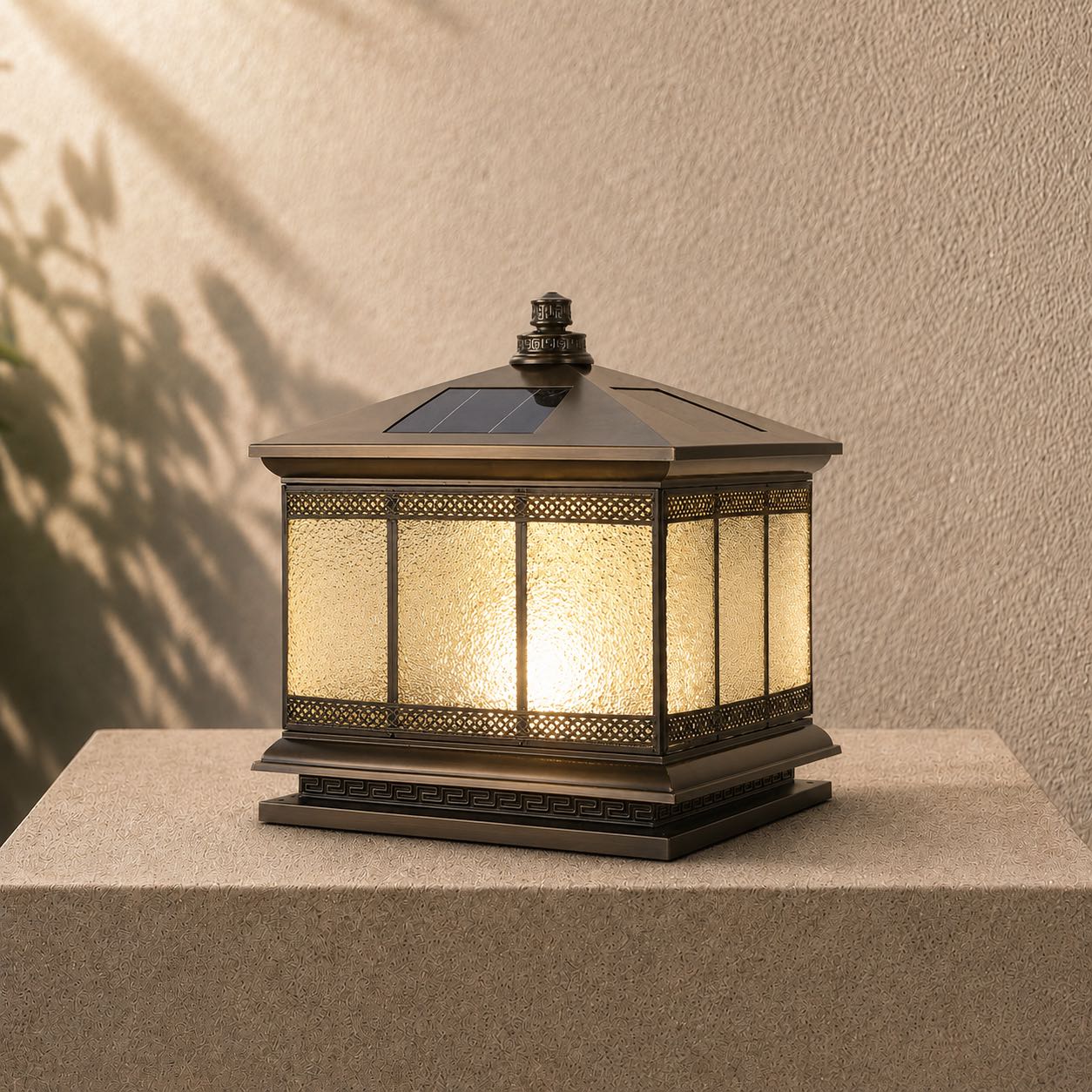 Solar Outdoor Pillar Light with Glass Shade Copper Construction IP65 Waterproof Dual Power Options
