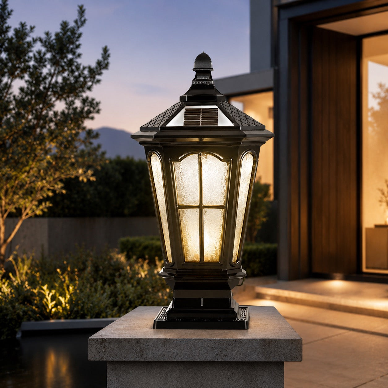 Solar Outdoor Pillar Light Fixture Modern Die-Cast Aluminum LED with Glass Shade IP65 Waterproof