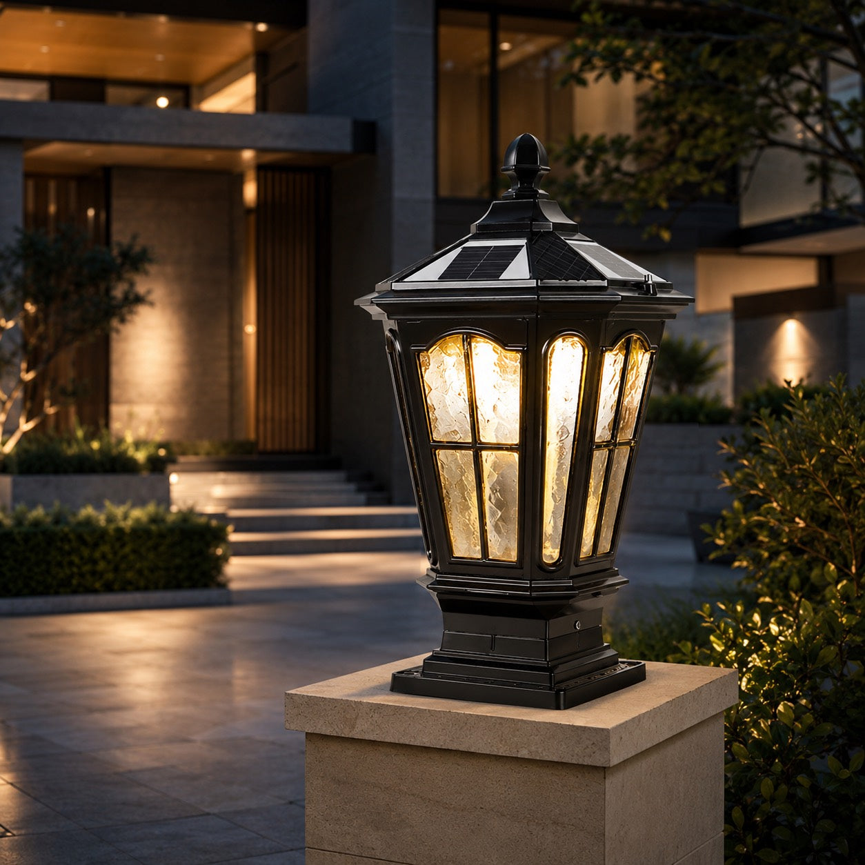 Solar Outdoor Pillar Light Fixture Modern Die-Cast Aluminum LED with Glass Shade IP65 Waterproof