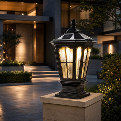 Solar Outdoor Pillar Light Fixture Modern Die-Cast Aluminum LED with Glass Shade IP65 Waterproof