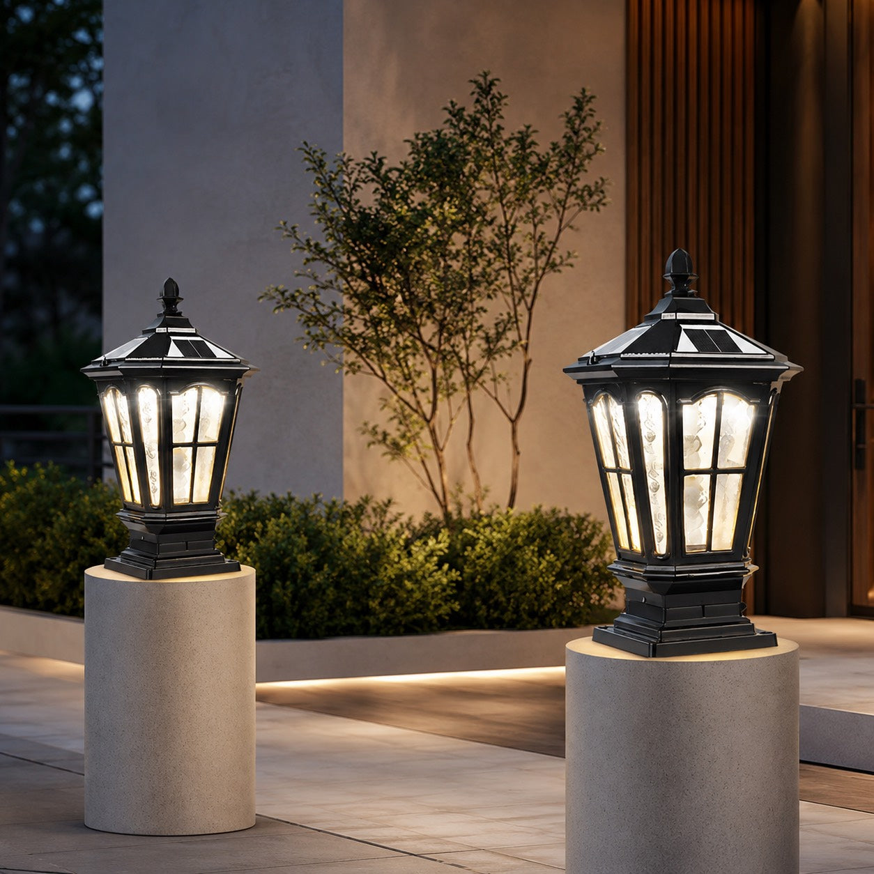 Solar Outdoor Pillar Light Fixture Modern Die-Cast Aluminum LED with Glass Shade IP65 Waterproof