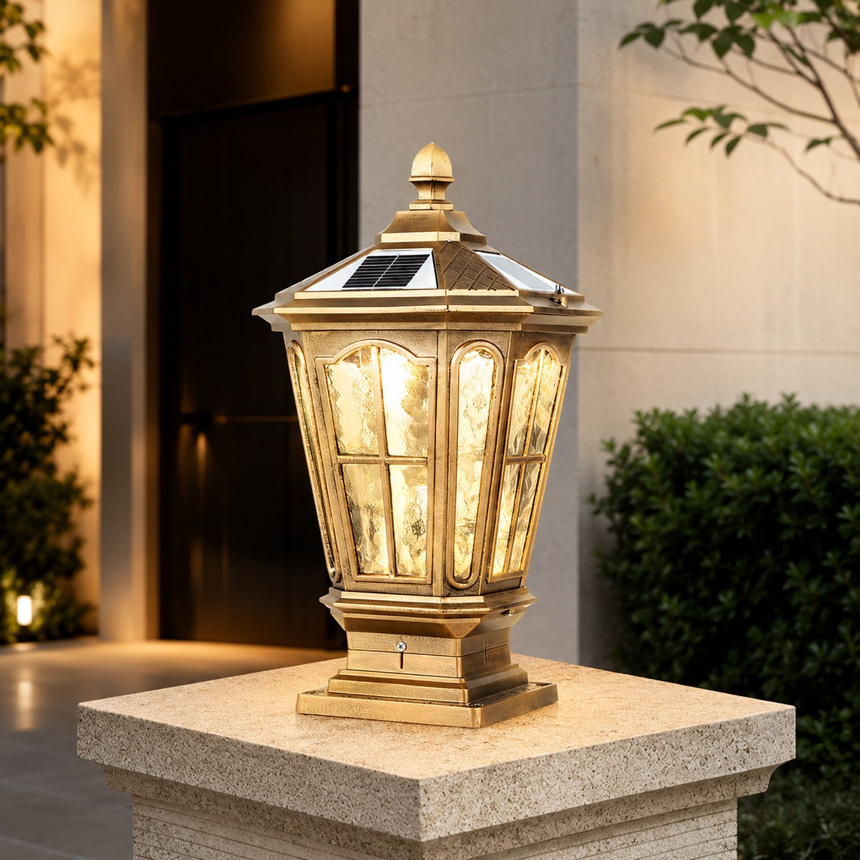 Solar Outdoor Pillar Light Fixture Modern Die-Cast Aluminum LED with Glass Shade IP65 Waterproof