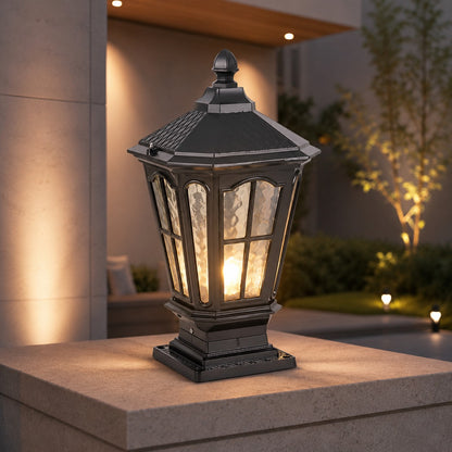 Solar Outdoor Pillar Light Fixture Modern Die-Cast Aluminum LED with Glass Shade IP65 Waterproof