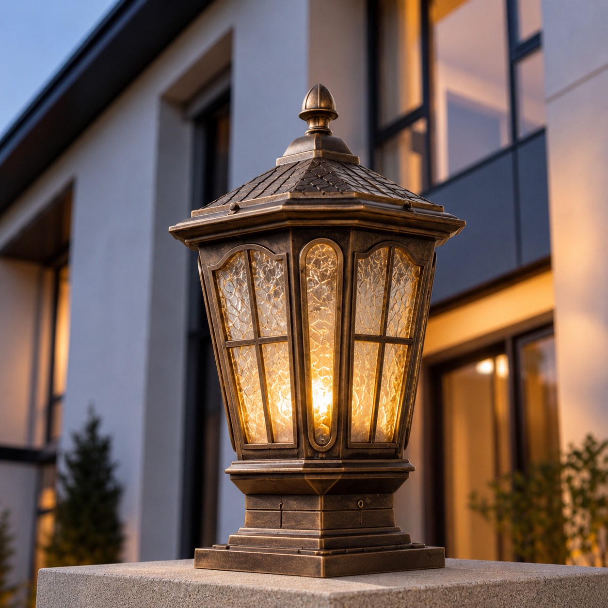 Solar Outdoor Pillar Light Fixture Modern Die-Cast Aluminum LED with Glass Shade IP65 Waterproof