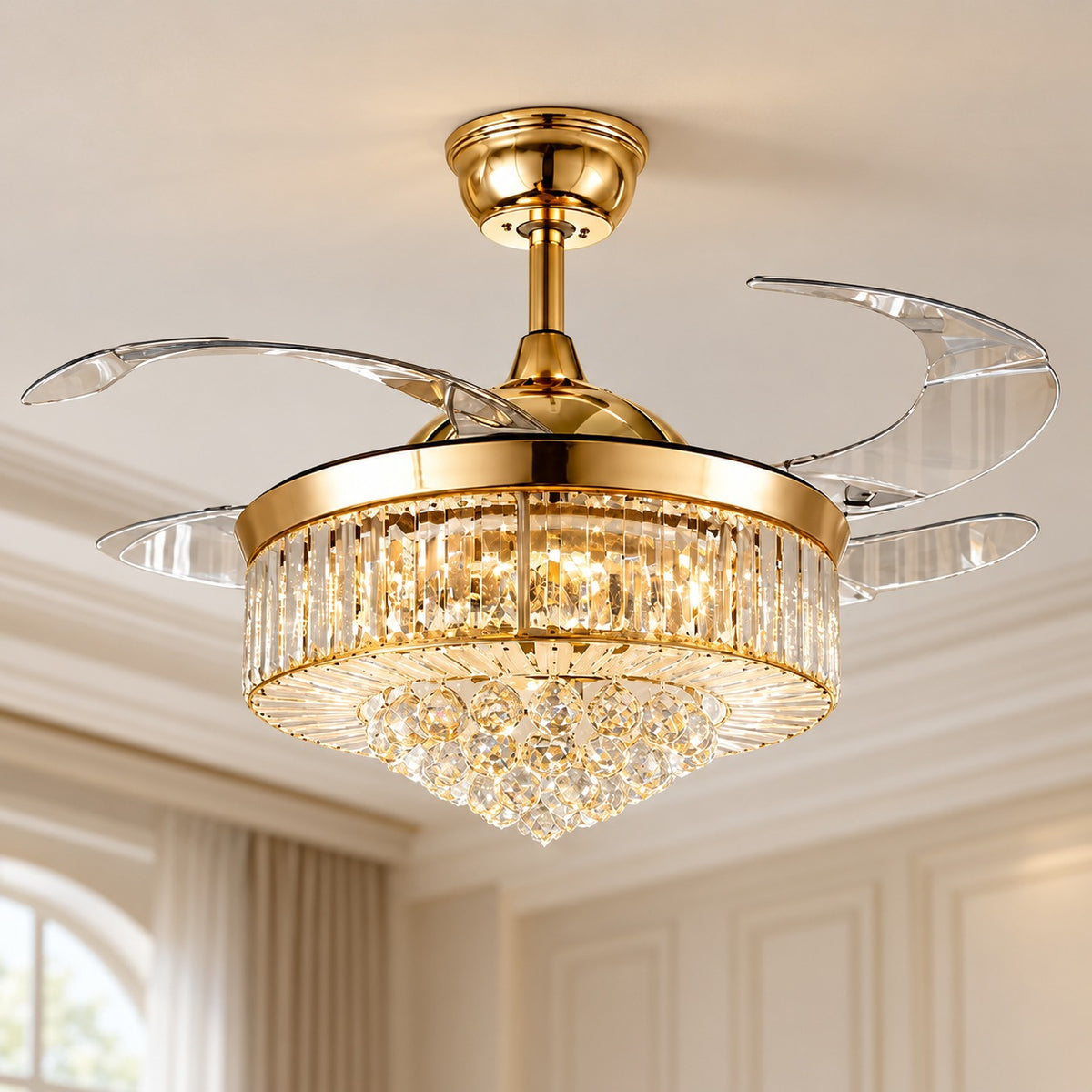 European Modern Ceiling Fan with Dimmable LED Lights Flush Mount Crystal Shade 48W 4 Blades