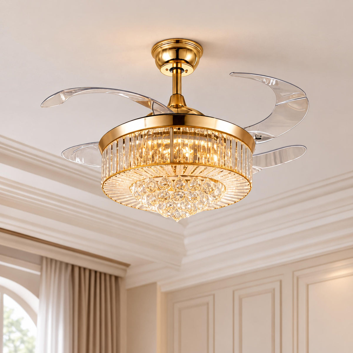 European Modern Ceiling Fan with Dimmable LED Lights Flush Mount Crystal Shade 48W 4 Blades