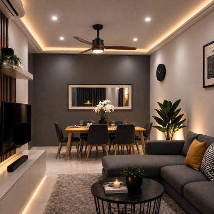 Modern Black Ceiling Fan with Light Flush Mount Iron Glass Wood Blades LED Adjustable Speed