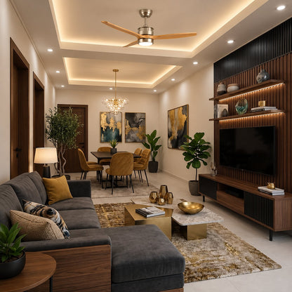 Modern Black Ceiling Fan with Light Flush Mount Iron Glass Wood Blades LED Adjustable Speed