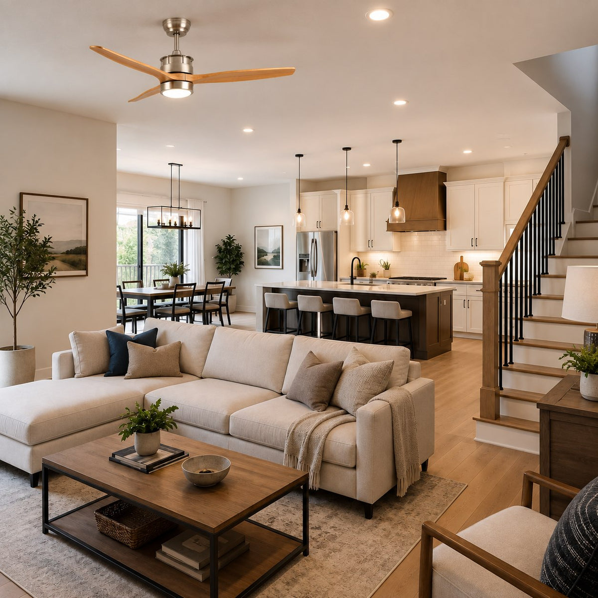 Modern Black Ceiling Fan with Light Flush Mount Iron Glass Wood Blades LED Adjustable Speed