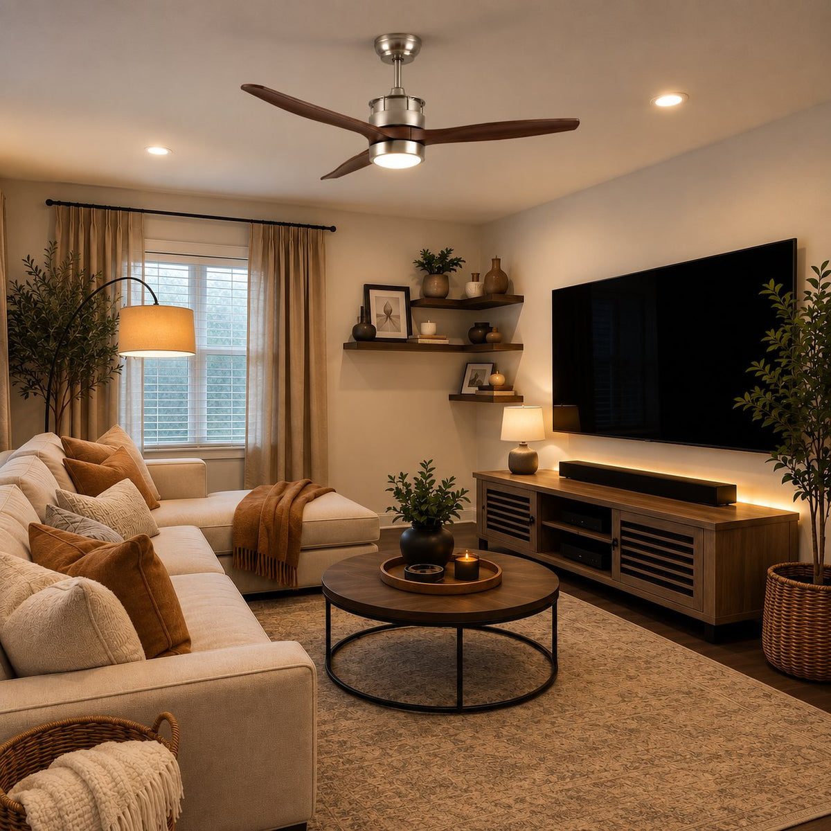 Modern Black Ceiling Fan with Light Flush Mount Iron Glass Wood Blades LED Adjustable Speed