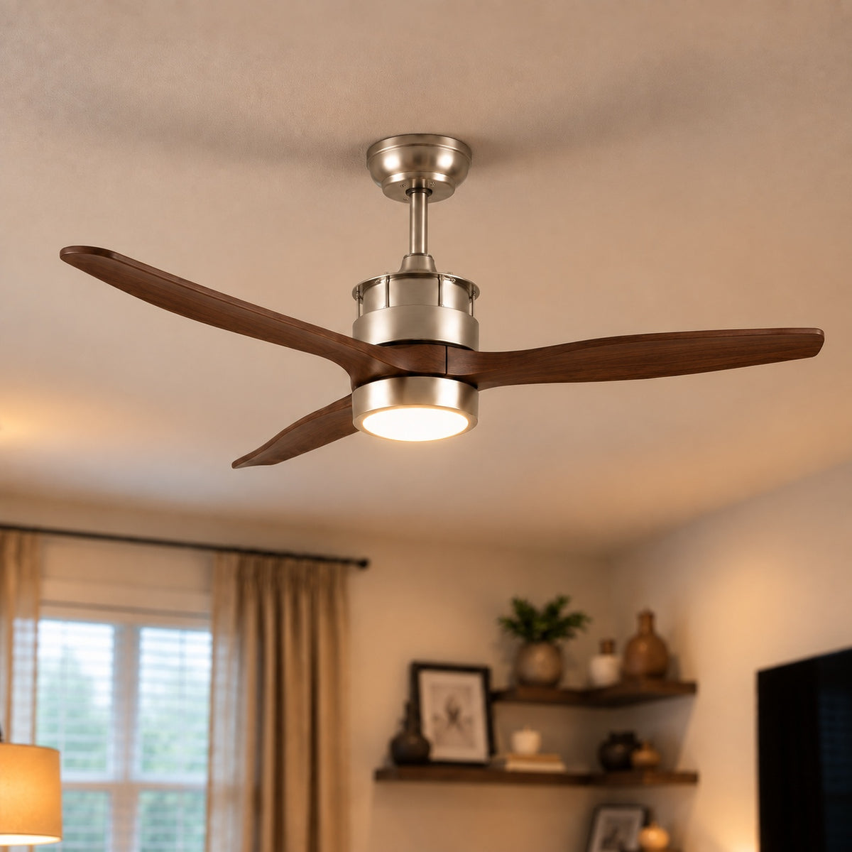 Modern Black Ceiling Fan with Light Flush Mount Iron Glass Wood Blades LED Adjustable Speed