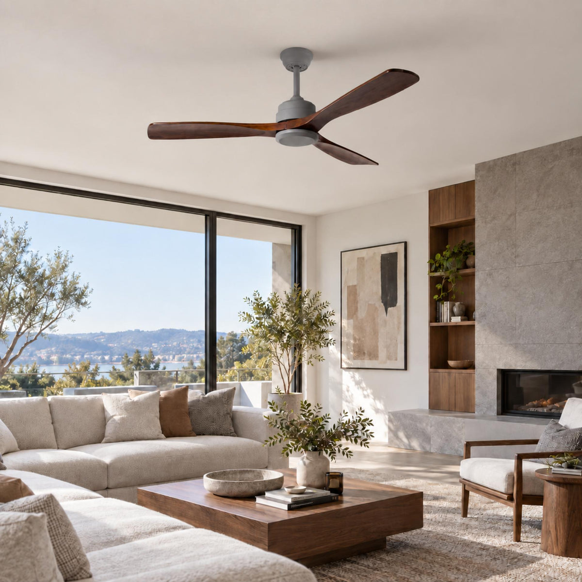 Modern Ceiling Fan 60 Inch Wood Blades Flush Mount Remote Control Energy Efficient Adjustable Speed