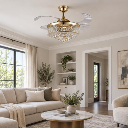 European Modern Ceiling Fan with Dimmable LED Lights Flush Mount Crystal Shade 48W 4 Blades