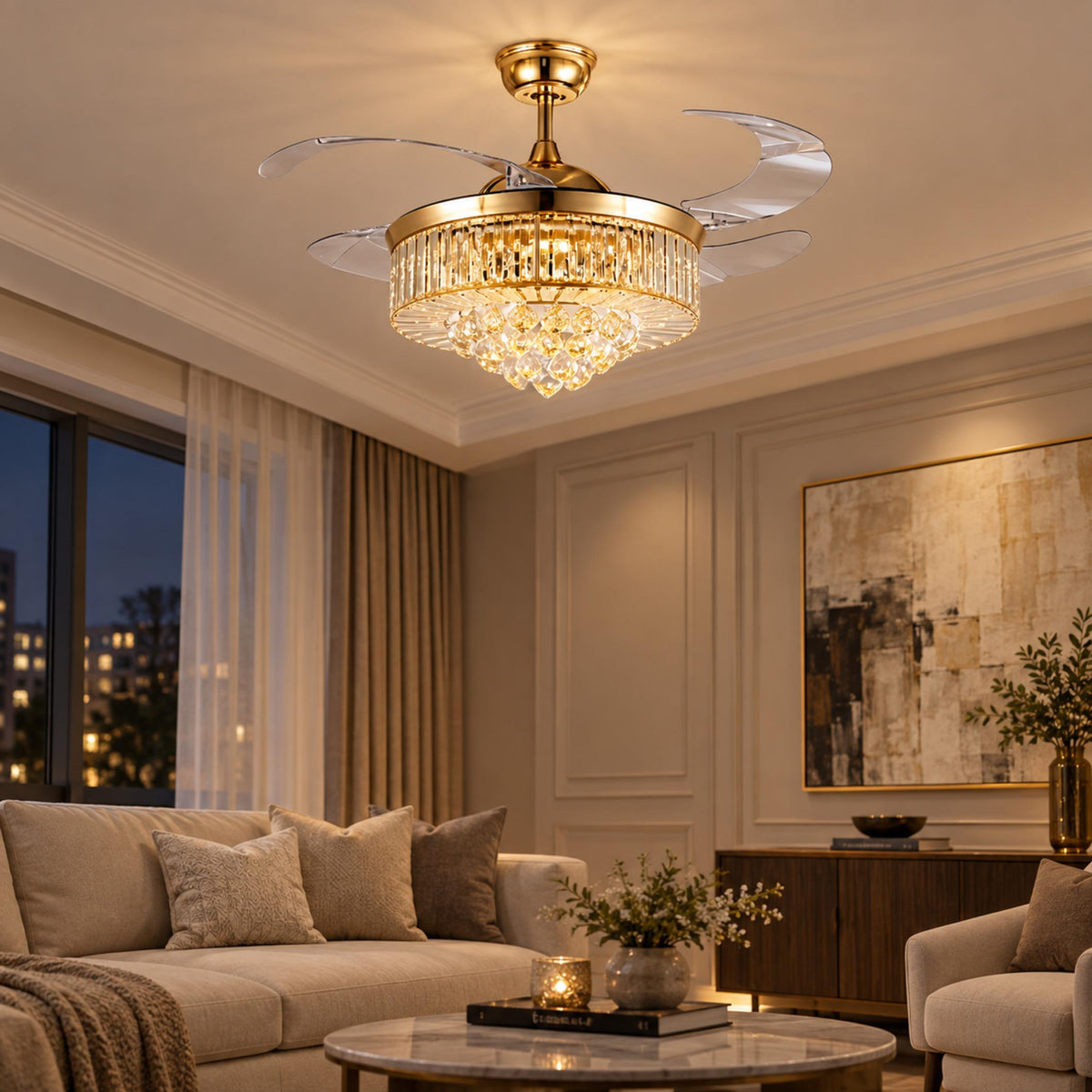 European Modern Ceiling Fan with Dimmable LED Lights Flush Mount Crystal Shade 48W 4 Blades