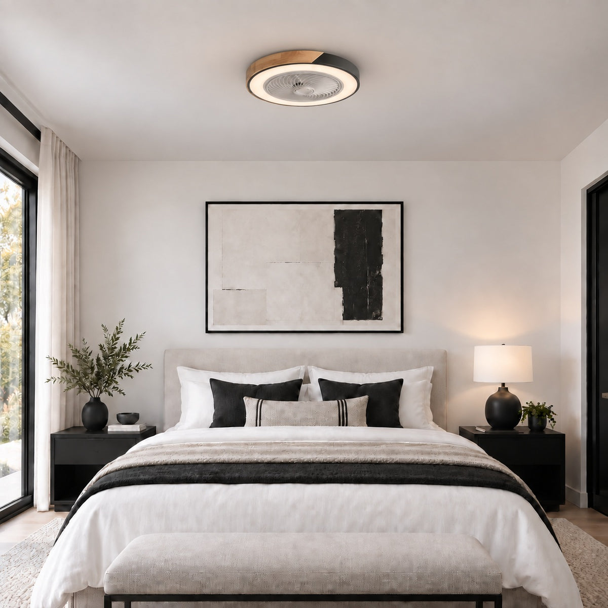 Modern Bladeless Ceiling Fan with Lights Flush Mount Iron Frame Dimmable LED Color Temperature