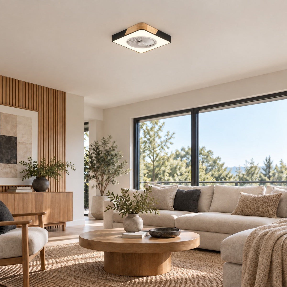 Modern Bladeless Ceiling Fan with Lights Flush Mount Iron Frame Dimmable LED Color Temperature